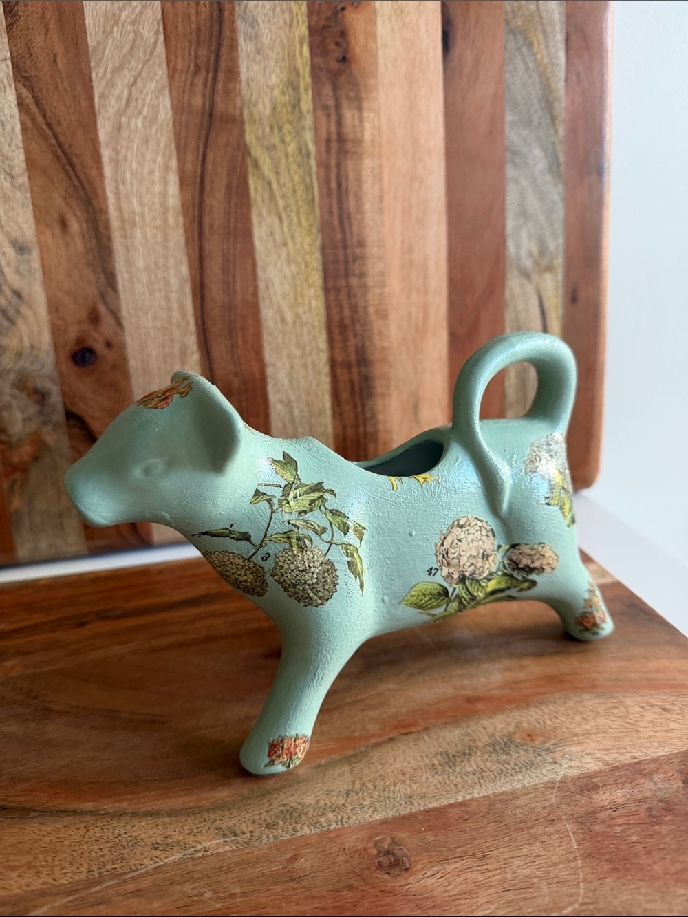 Decorative Green Floral Ceramic Cow Planter Unbranded